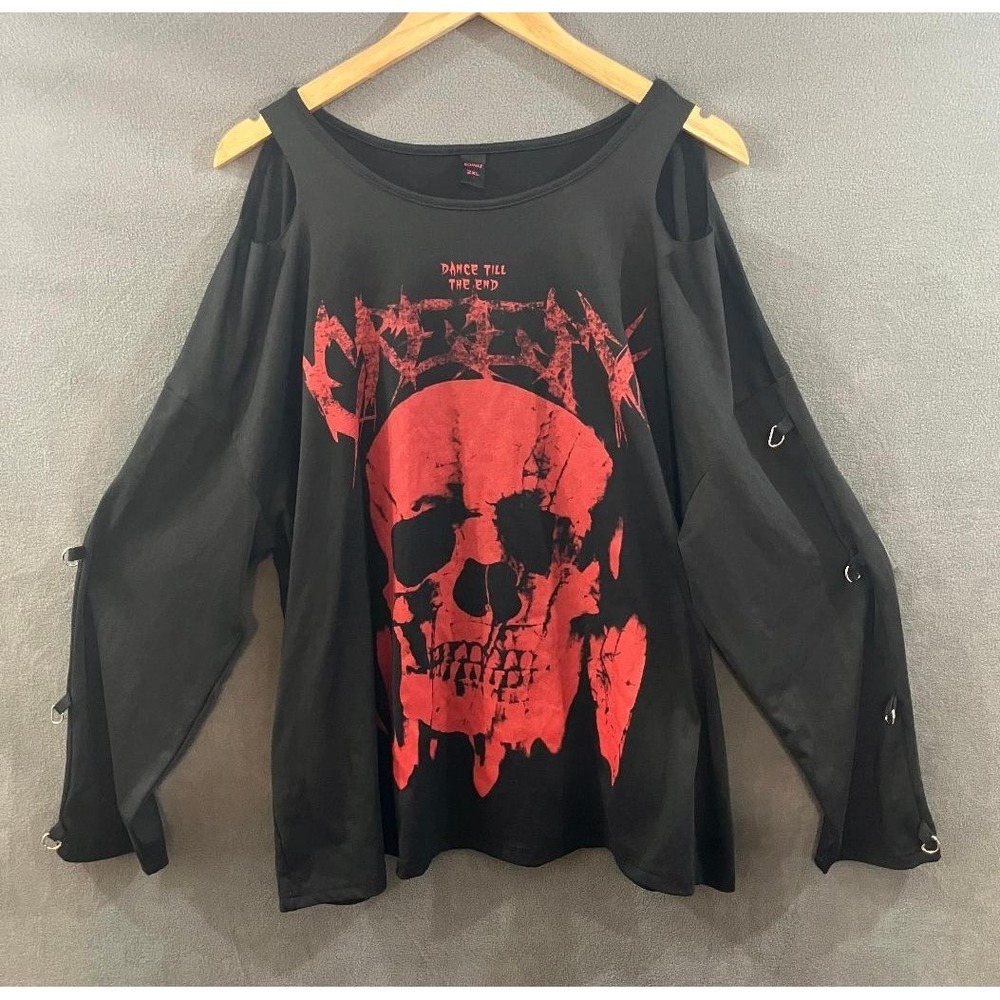 Romwe Punk Rave Skull Shirt Cold Shoulder D-Ring Sleeves Top Black Red Goth 2XL